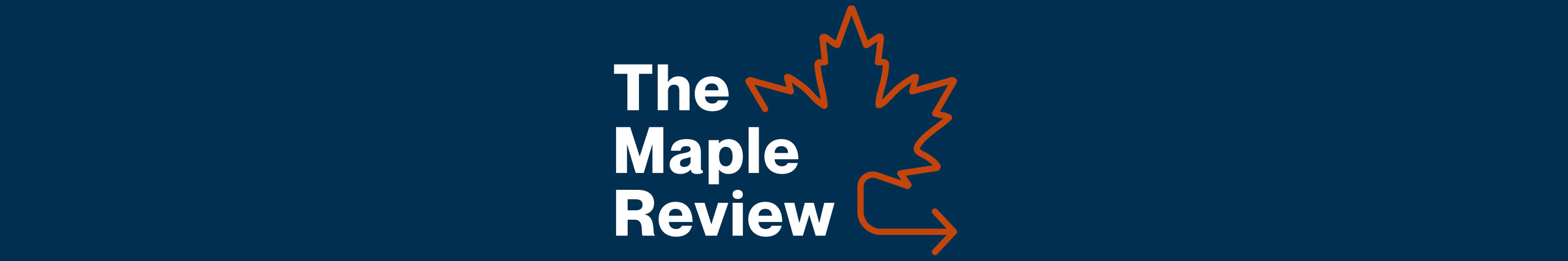 A dark blue background with the words 'The Maple Review' in the centre with a red Maple Leaf outline to the right.